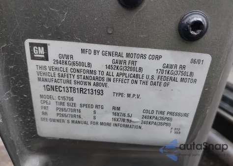 2001 Chevrolet Tahoe Ls z USA, uszkodzony, nr VIN 1GNEC13T81R213193